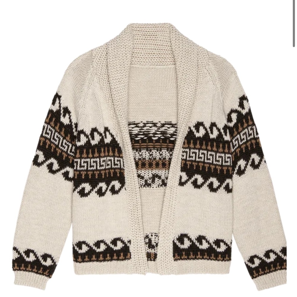 THE GREAT. The Greek Key Lodge Wool Knit Cardigan in Cream